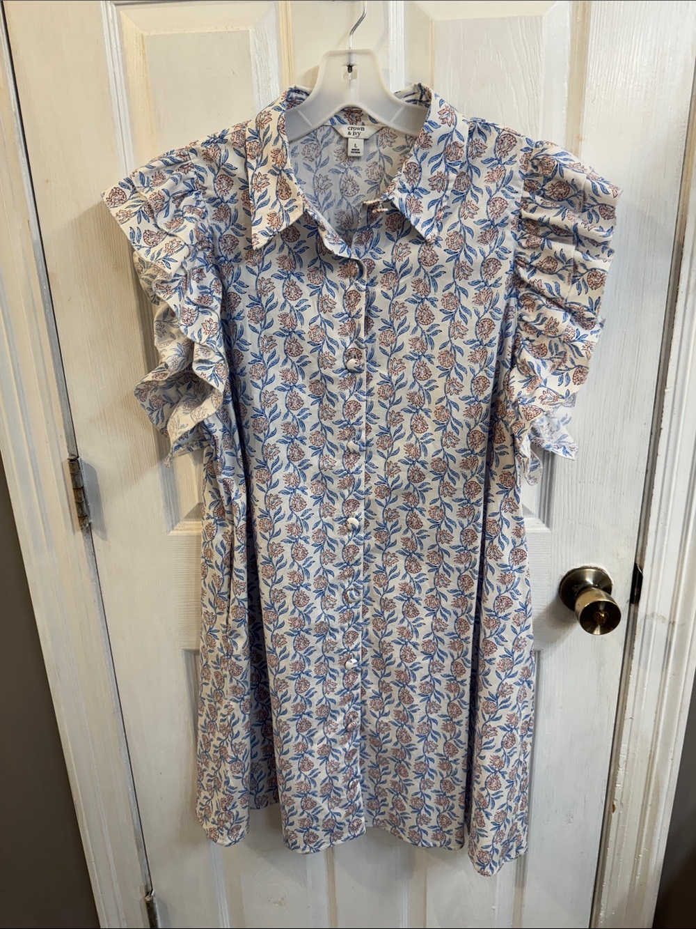 crown & ivy Blue and Cream Floral Ruffle Shirt Dress